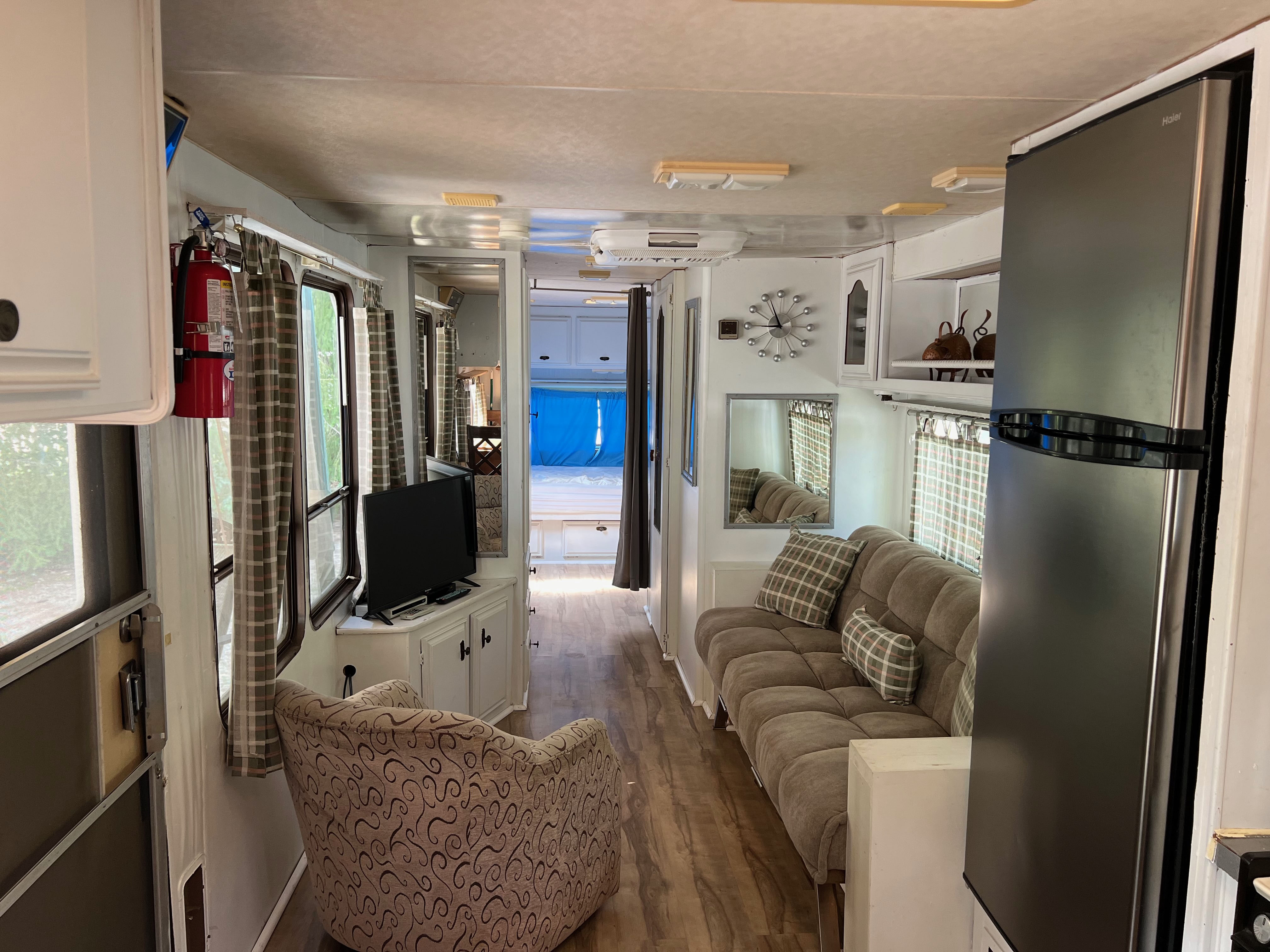 Retro trailer interior view of living room