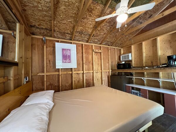 Queen bed under a ceiling fan with a framed purple flower print, a mini fridge, a counter with a microwave and coffee maker, and a wall air conditioner